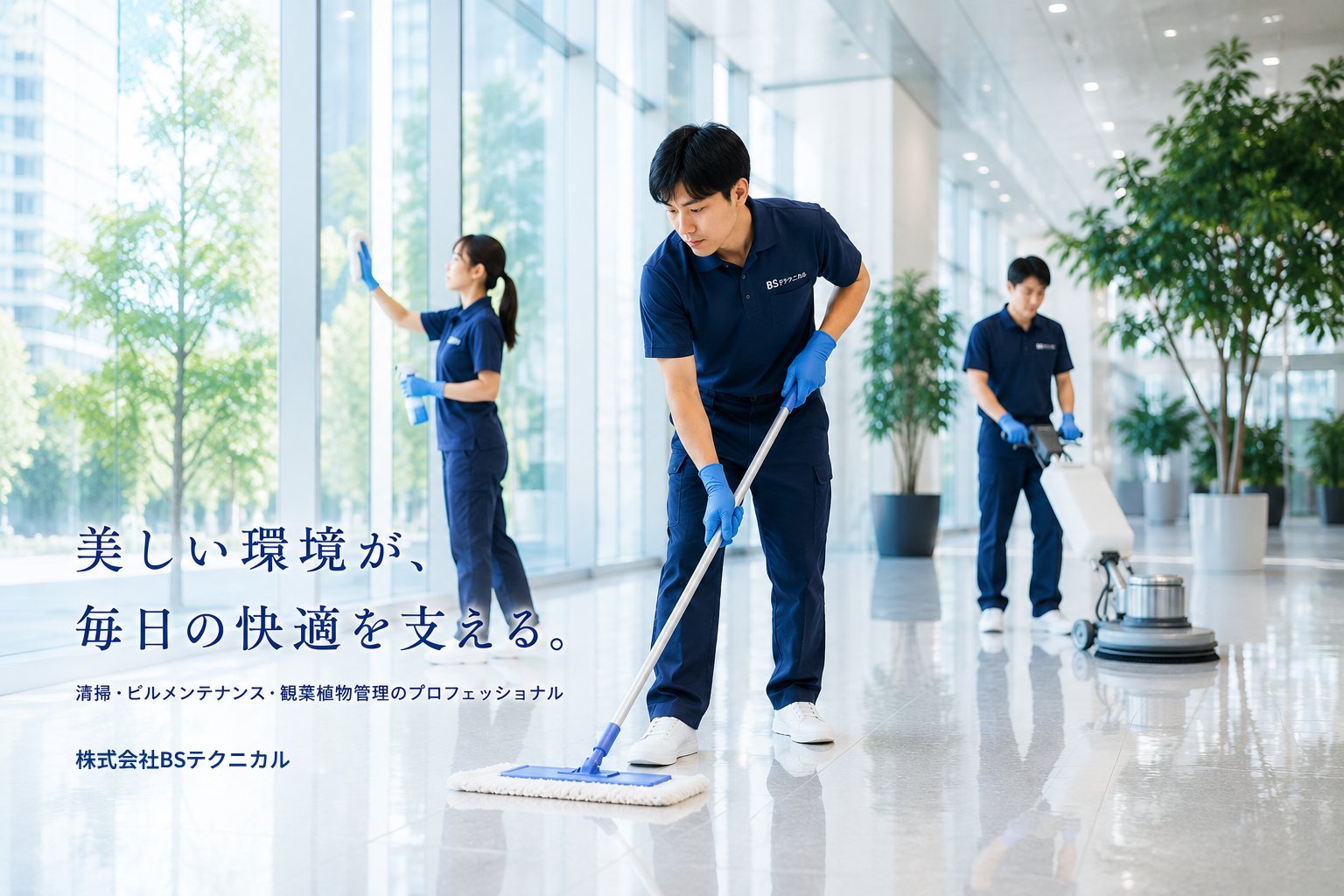 清掃スタッフがオフィスビルの明るいロビーで床清掃・窓清掃・床ポリッシャー作業を行う様子。美しい環境が、毎日の快適を支える。清掃・ビルメンテナンス・観葉植物管理のプロフェッショナル 合同会社BSテクニカル